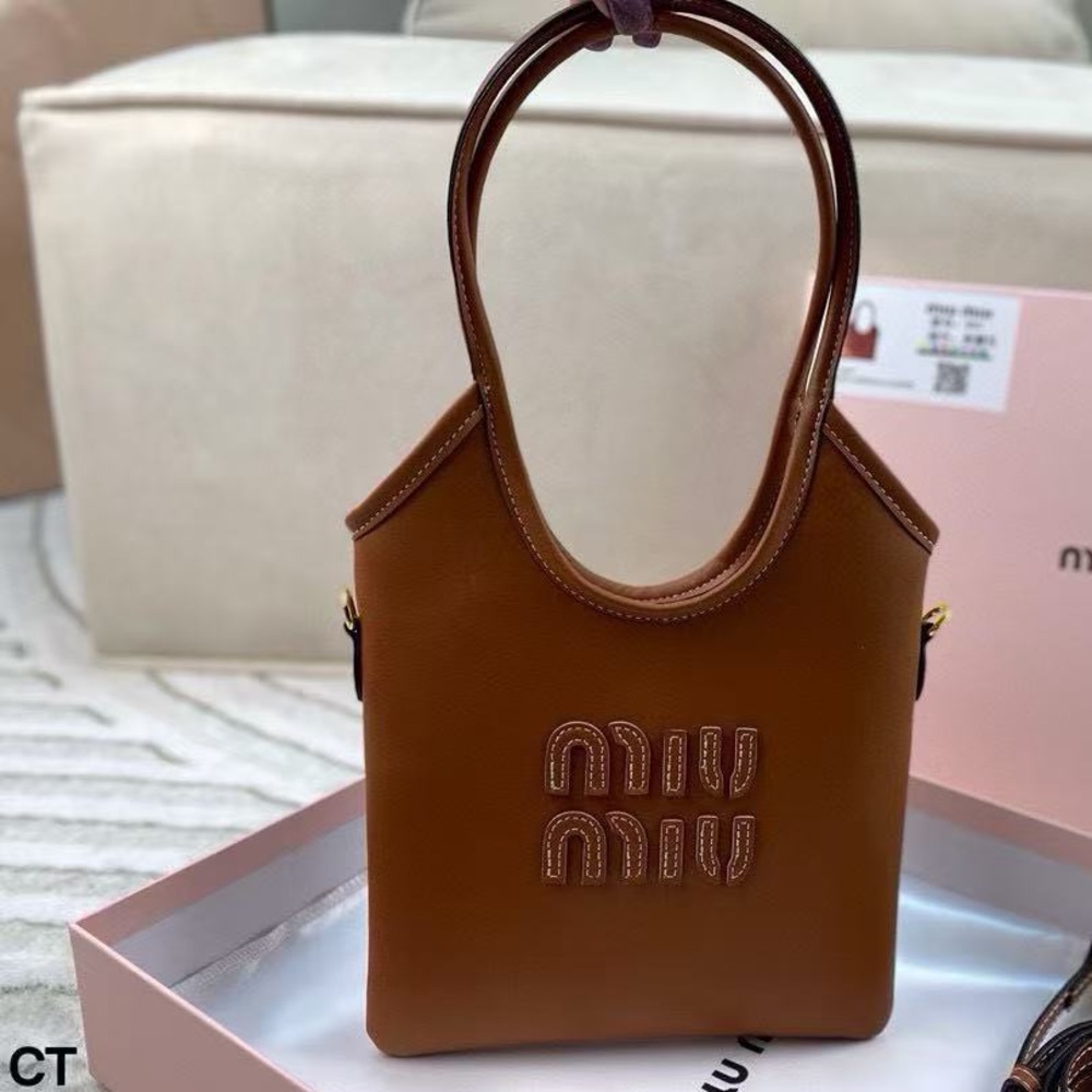Miu Miu Beau Small Leather Tote Bag Brown Embossed Logo Shoulder Bag
